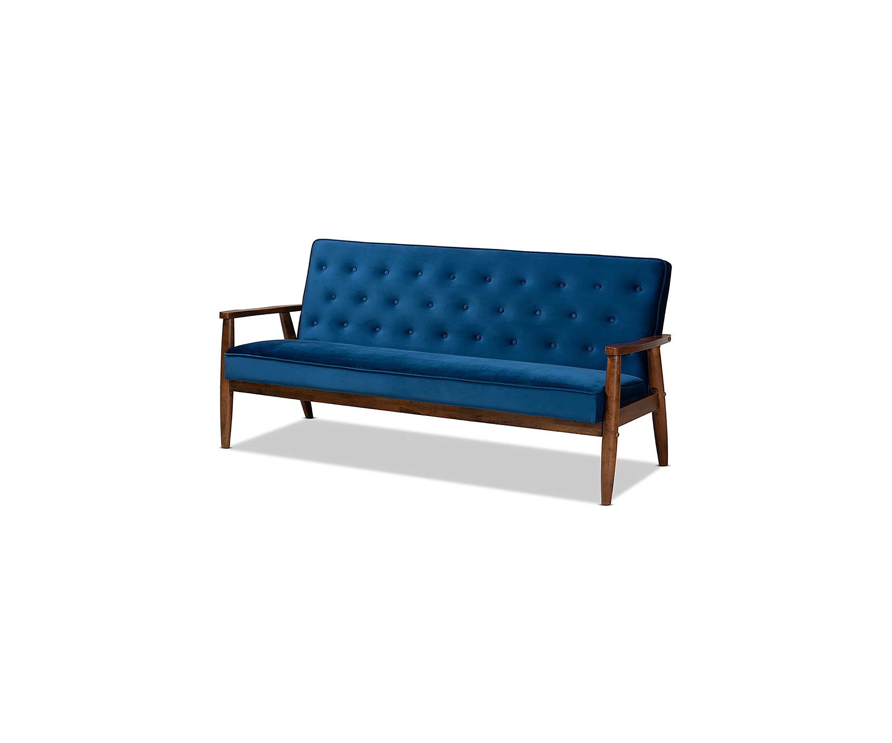 Sorrento Mid-century Modern Navy Blue Velvet Fabric Upholstered Walnut Finished Wooden 3-seater Sofa