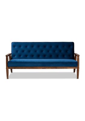 Sorrento Mid-century Modern Navy Blue Velvet Fabric Upholstered Walnut Finished Wooden 3-seater Sofa