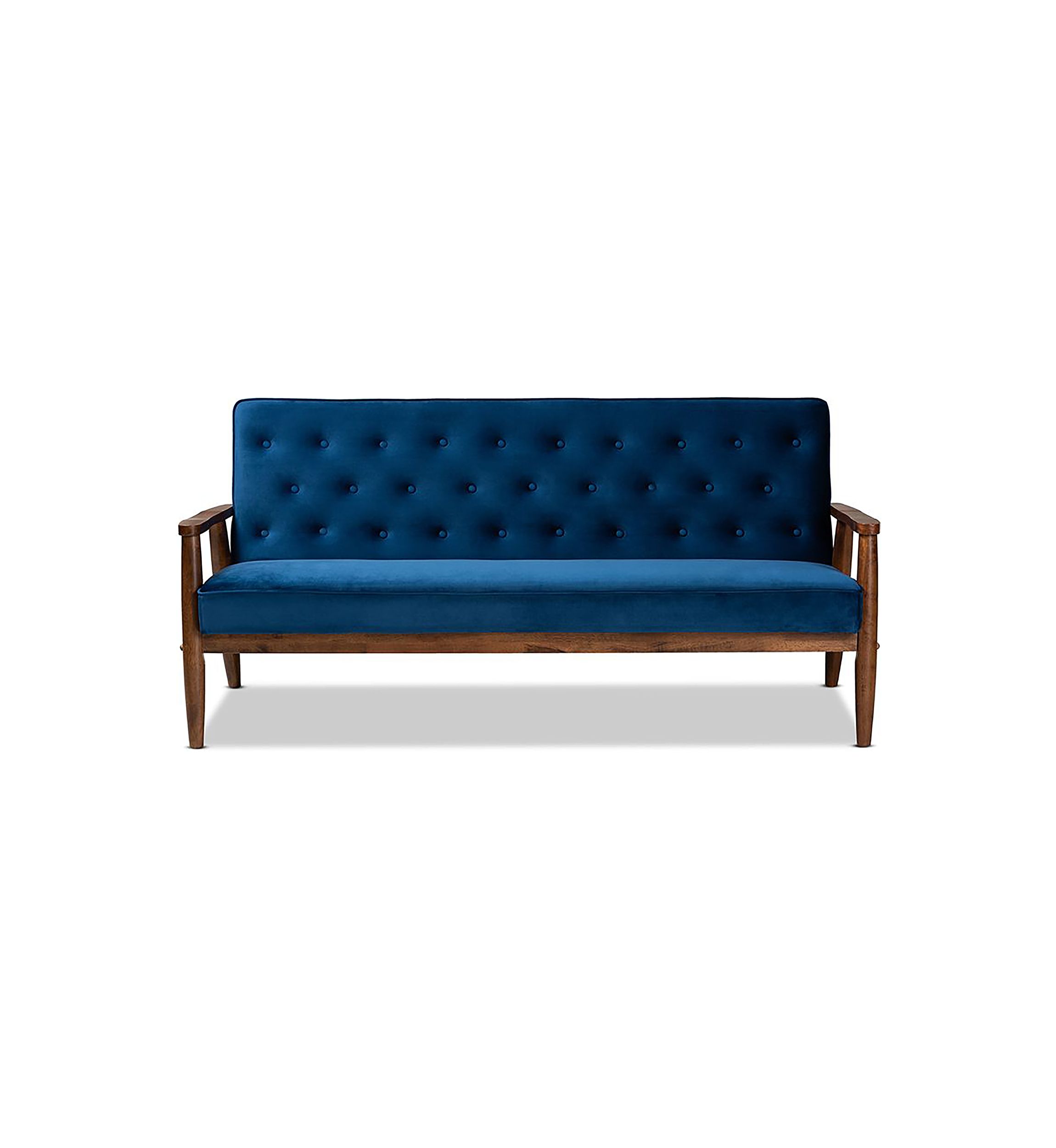 Sorrento Mid-century Modern Navy Blue Velvet Fabric Upholstered Walnut Finished Wooden 3-seater Sofa