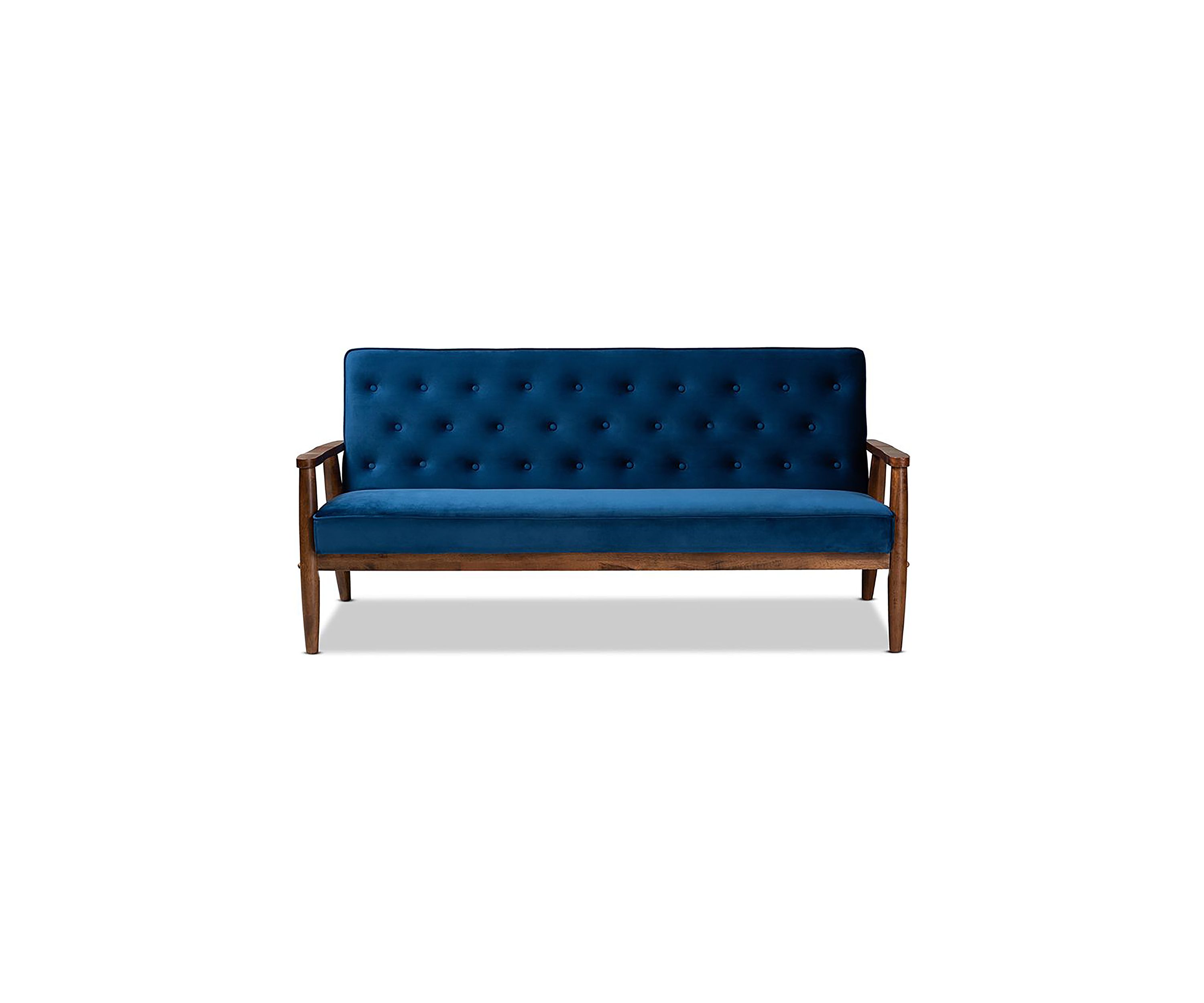 Sorrento Mid-century Modern Navy Blue Velvet Fabric Upholstered Walnut Finished Wooden 3-seater Sofa