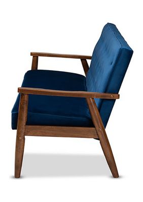 Sorrento Mid-century Modern Navy Blue Velvet Fabric Upholstered Walnut Finished Wooden 3-seater Sofa