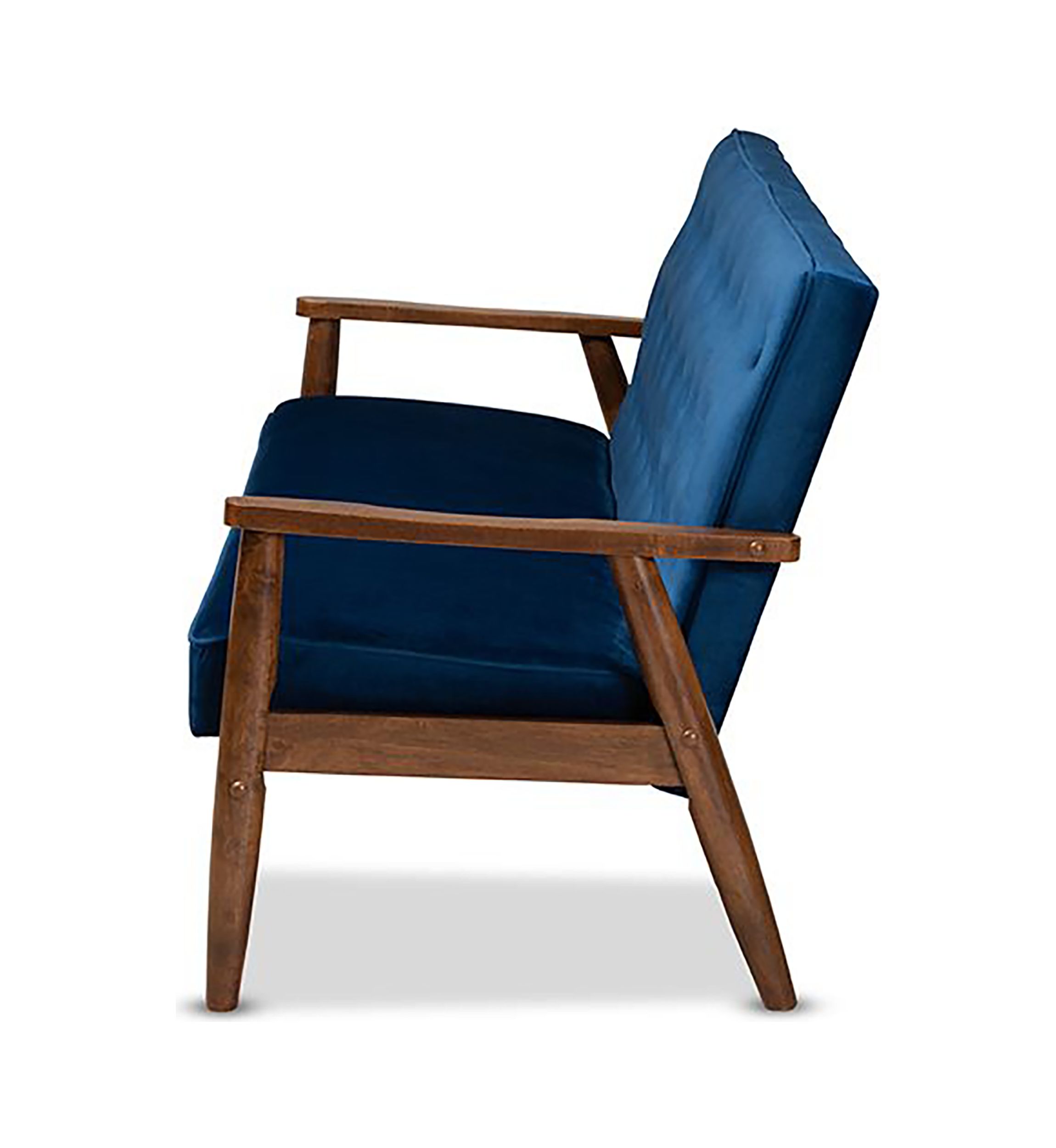 Sorrento Mid-century Modern Navy Blue Velvet Fabric Upholstered Walnut Finished Wooden 3-seater Sofa