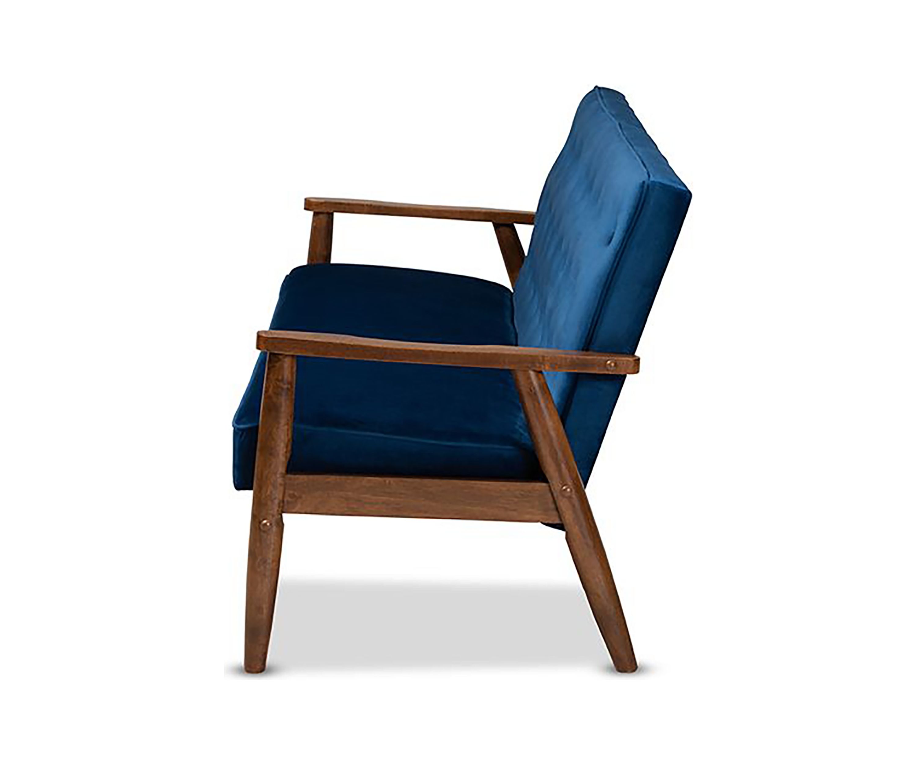 Sorrento Mid-century Modern Navy Blue Velvet Fabric Upholstered Walnut Finished Wooden 3-seater Sofa