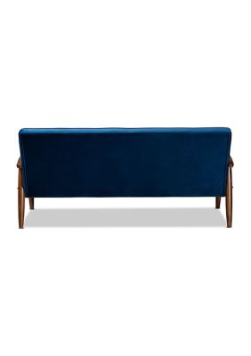 Sorrento Mid-century Modern Navy Blue Velvet Fabric Upholstered Walnut Finished Wooden 3-seater Sofa