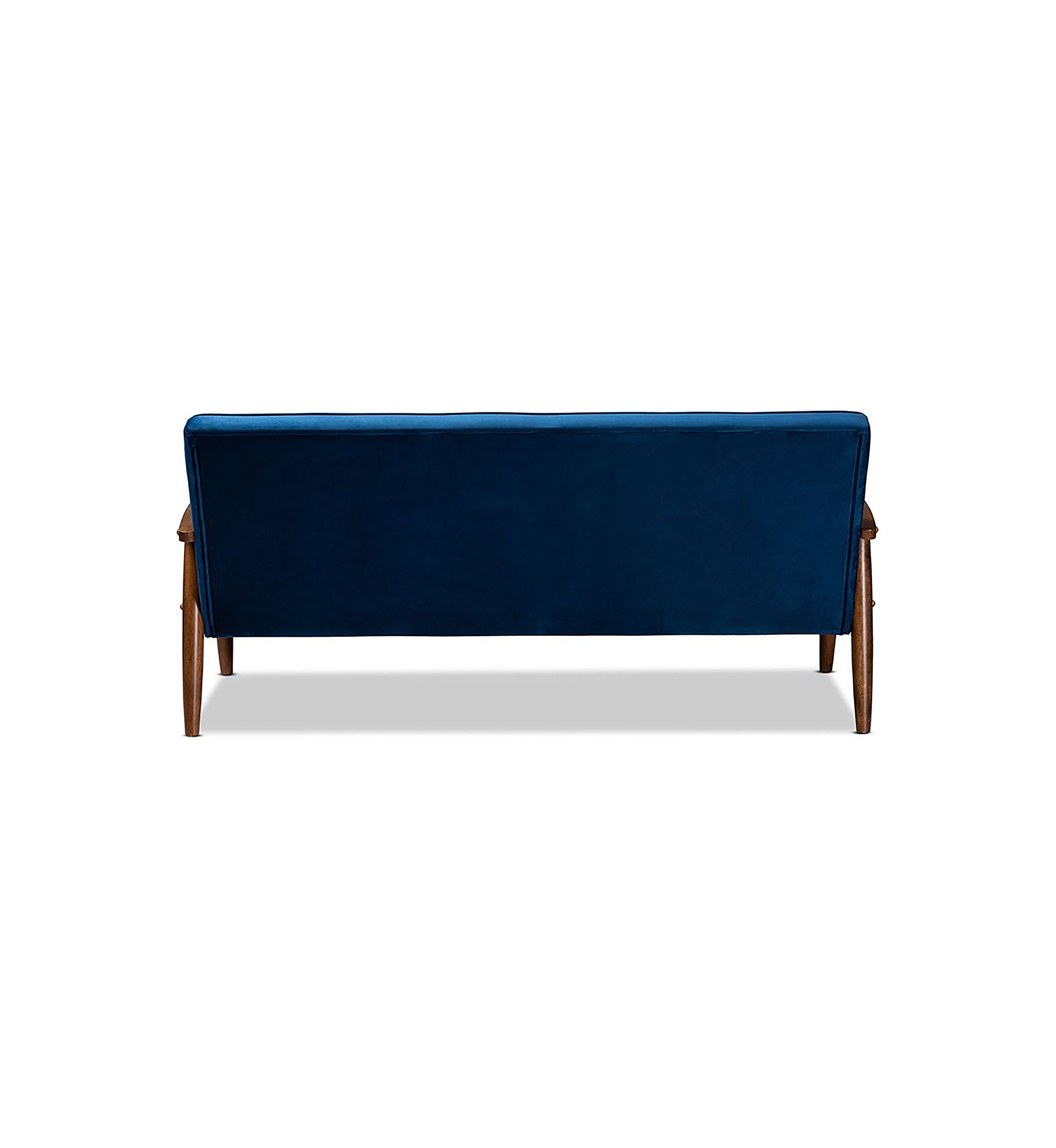 Sorrento Mid-century Modern Navy Blue Velvet Fabric Upholstered Walnut Finished Wooden 3-seater Sofa