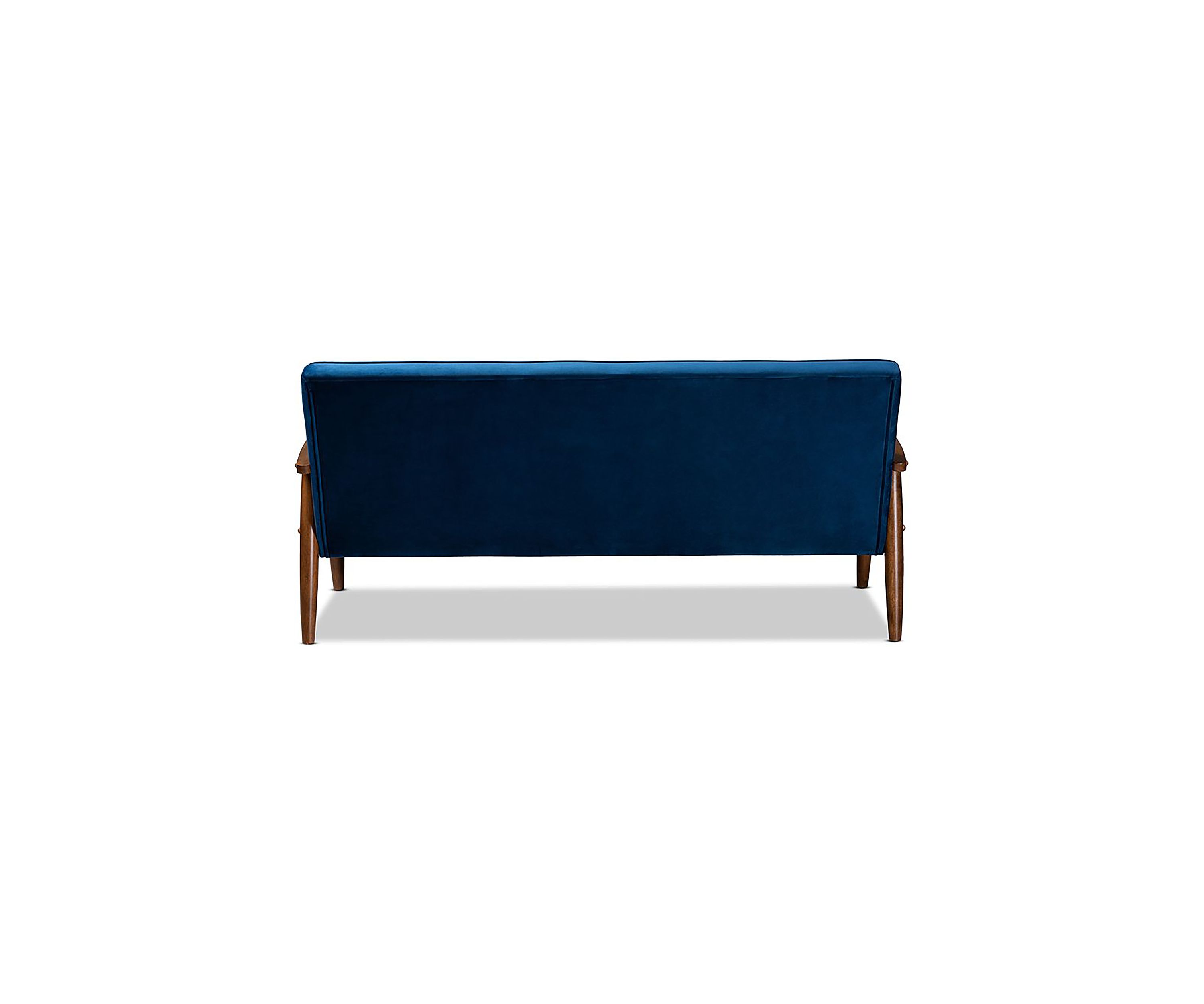 Sorrento Mid-century Modern Navy Blue Velvet Fabric Upholstered Walnut Finished Wooden 3-seater Sofa