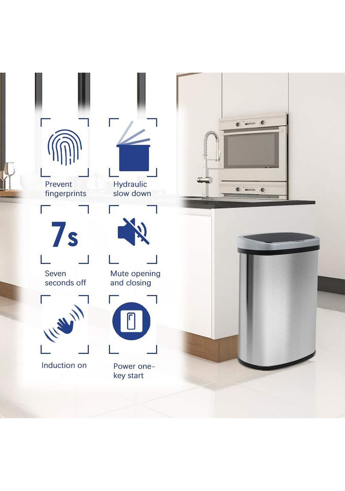 13 Gallon Automatic Garbage Can - High Capacity Brushed Stainless Steel 