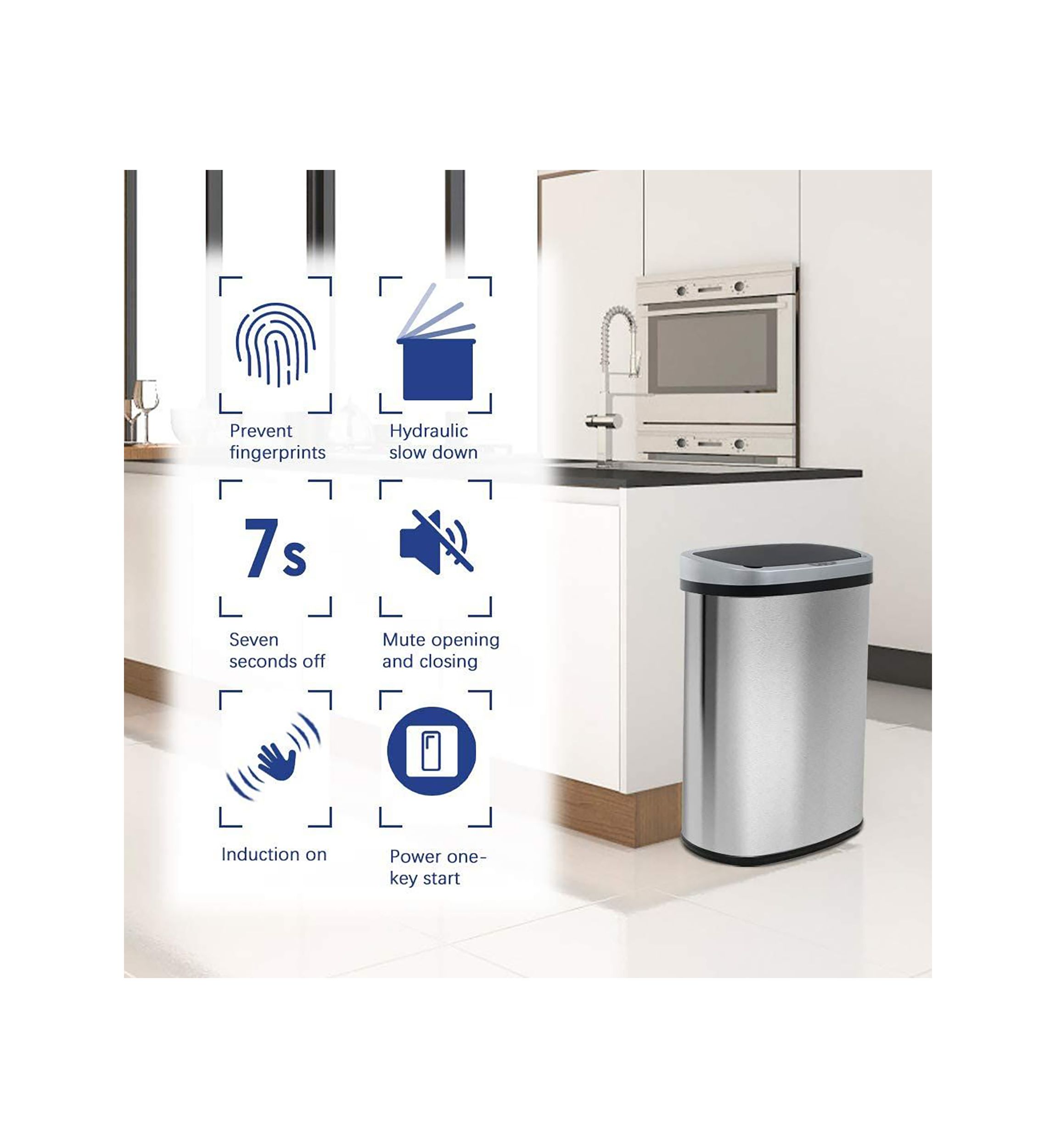 13 Gallon Automatic Garbage Can - High Capacity Brushed Stainless Steel 
