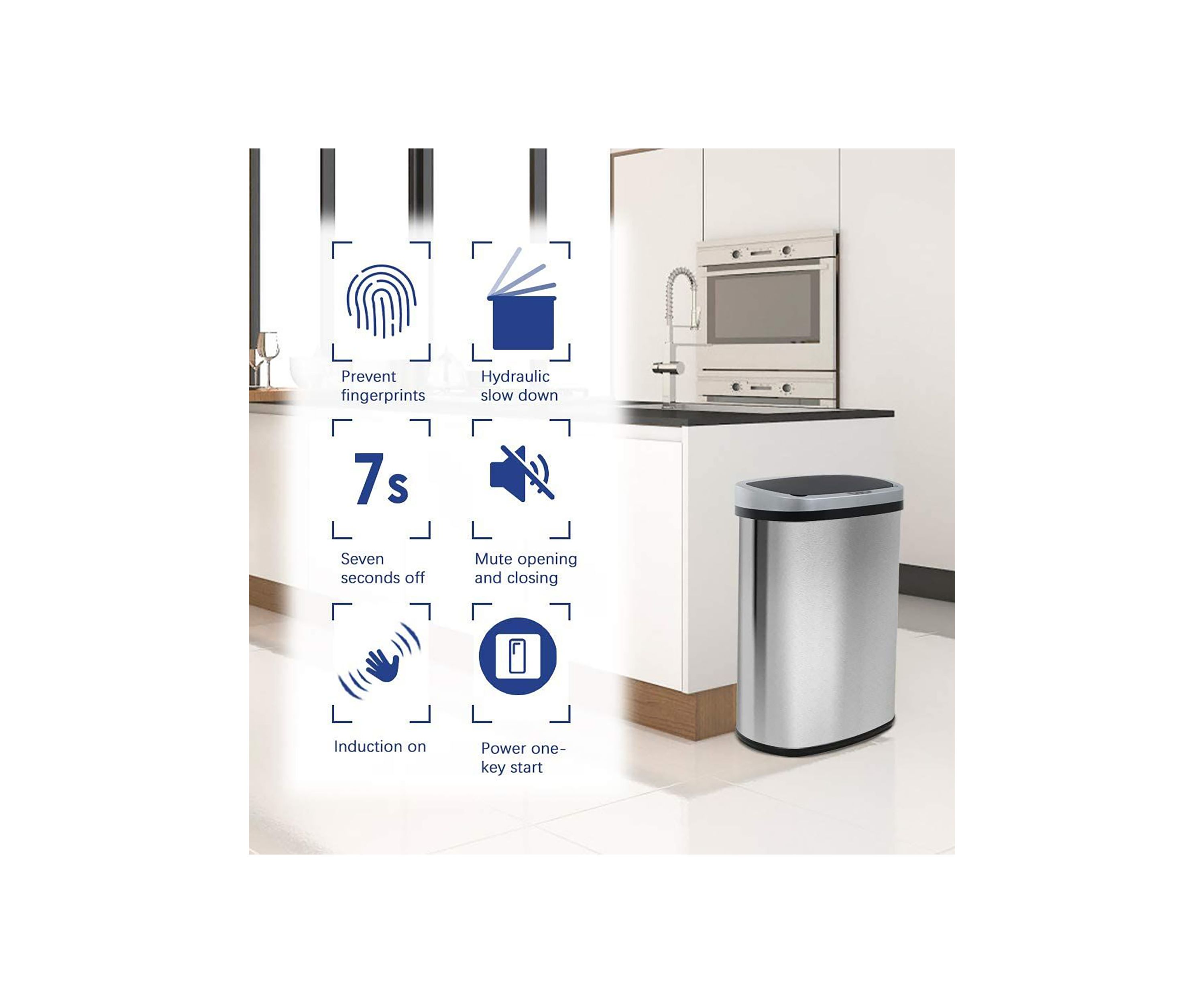 13 Gallon Automatic Garbage Can - High Capacity Brushed Stainless Steel 