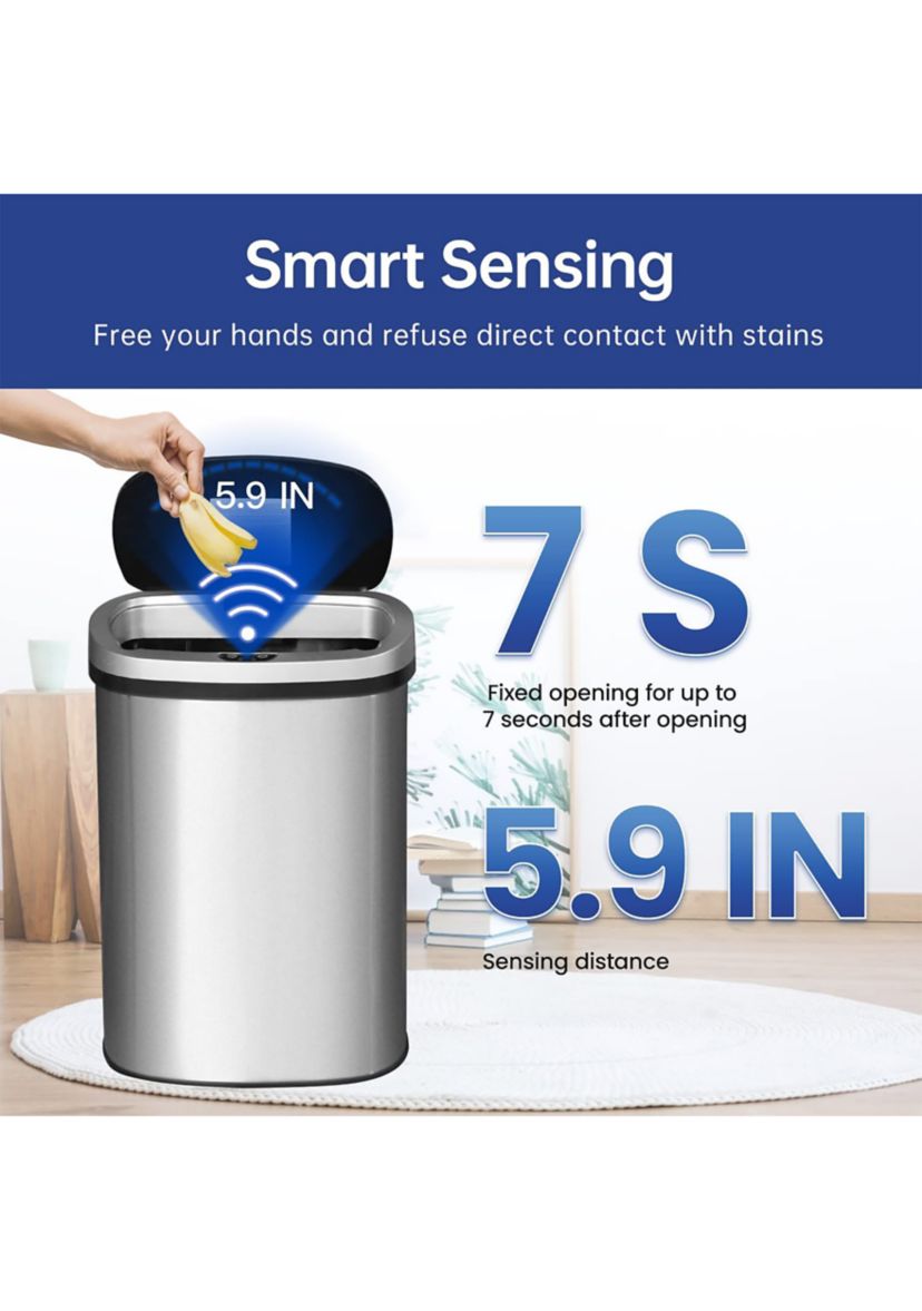 13 Gallon Automatic Garbage Can - High Capacity Brushed Stainless Steel 