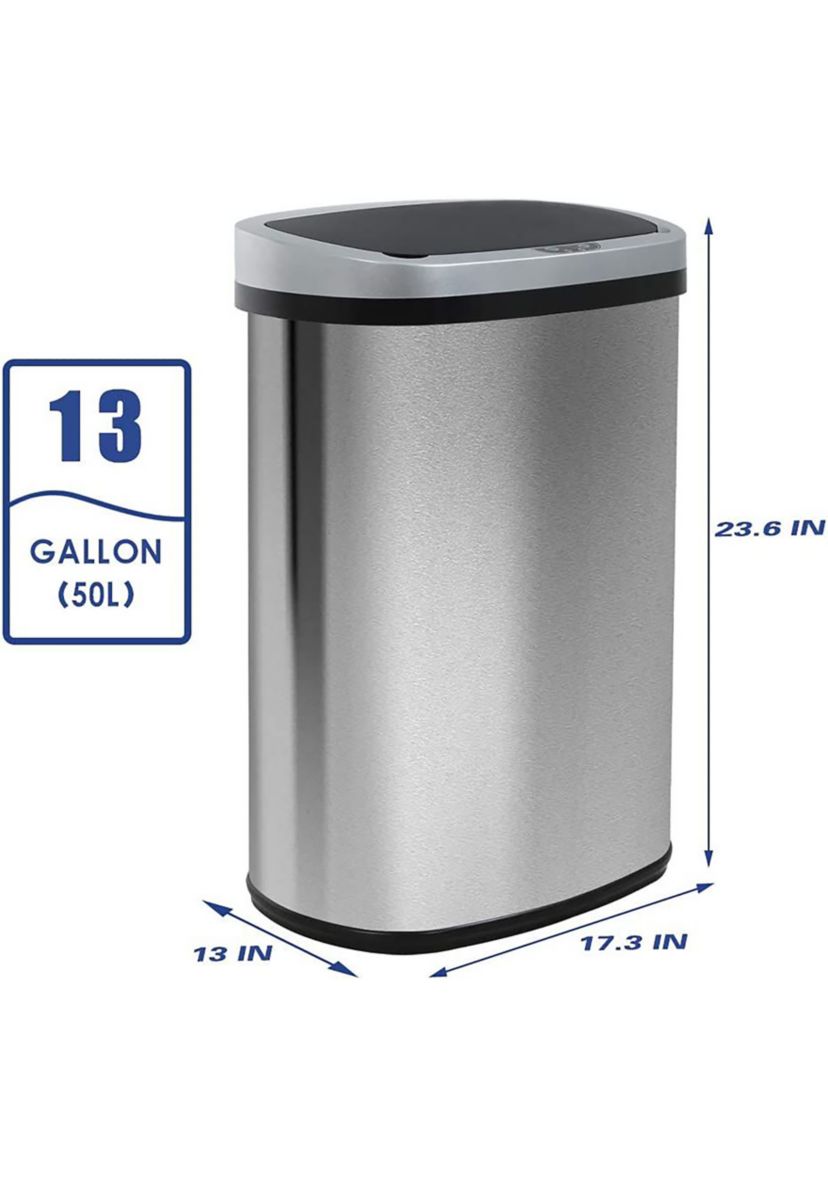 13 Gallon Automatic Garbage Can - High Capacity Brushed Stainless Steel 