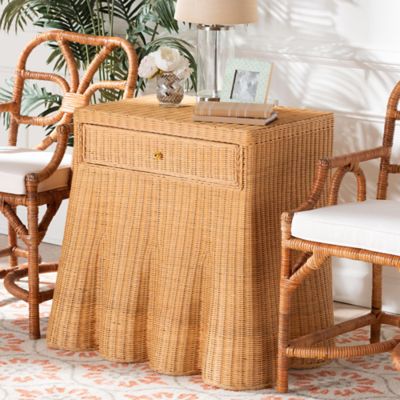 bali & pari Chica Scalloped Natural Rattan Console Table with Drawer and Flared Skirt