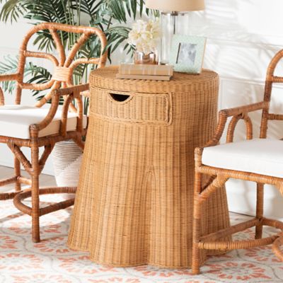 bali & pari Dayo Scalloped Natural Rattan Console Table with Drawer and Flared Skirt