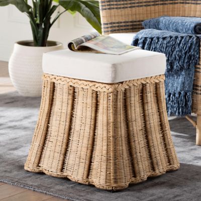 bali & pari Rotem Natural Rattan Ottoman with Cushion and Pleated Skirt, Brown