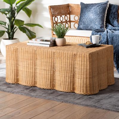 bali & pari Palm Scalloped Rattan Coffee Table in Light Honey