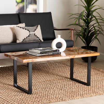 bali & pari Apio Wood Epoxy Resin Coffee Table with Glass Inlay -Teak wood with Black Metal Base