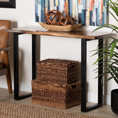 bali & pari Apio Wood Epoxy Resin Console Table with Glass Inlay - Teak Wood with Black Metal Base