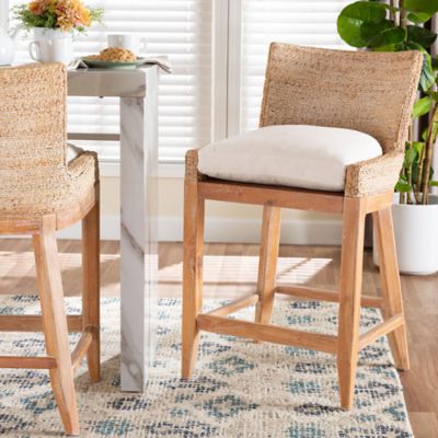 bali & pari Ridley Seagrass Counter Stool with Mahogany Wood Frame with Woven Square Back and Cushioned Seat