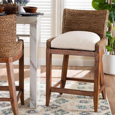 bali & pari Ridley Seagrass Counter Stool with Mahogany Wood Frame with Woven Square Back and Cushioned Seat, Brown