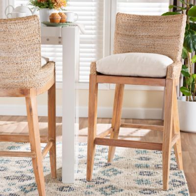 bali & pari Ridley Seagrass Bar Stool with Mahogany Wood Frame -Woven Square Back and Cushioned Seat