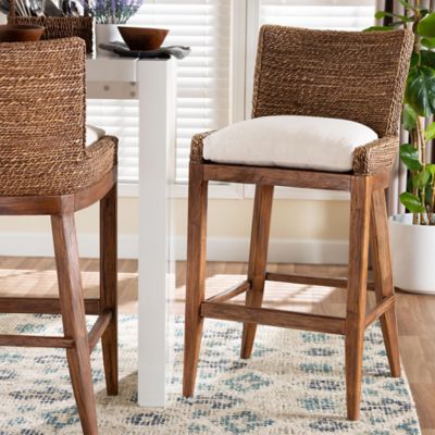 bali & pari Ridley Seagrass Bar Stool with Mahogany Wood Frame -Woven Square Back and Cushioned Seat, Brown