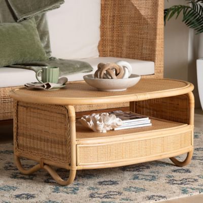 bali & pari Dyna Natural Rattan Coffee Table with Open Shelf and Oval Tabletop