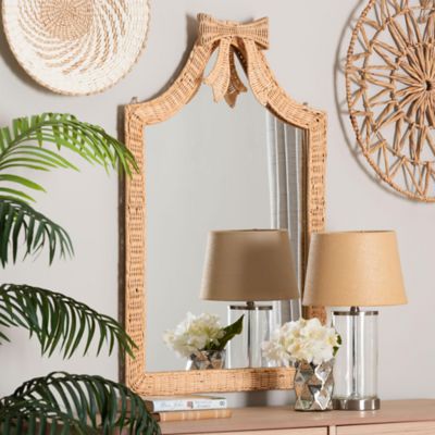 bali & pari Creusa Natural Rattan Wall Mirror - Arched Mirror with Scalloped Corners and Bow Accent