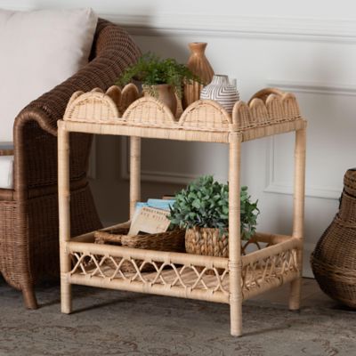 bali & pari Eloisa Natural Rattan End Table with Scalloped Border, Brown