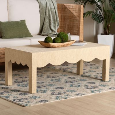 bali & pari Mason Natural Grasscloth Coffee Table with Scalloped Apron, Beige