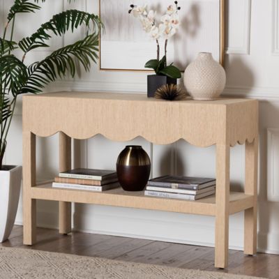 bali & pari Mason Natural Grasscloth Console Table with Scalloped Apron, Beige
