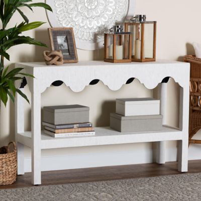 bali & pari Nolan Natural Grasscloth Console Table with Scalloped Apron, White