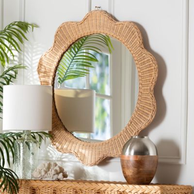 bali & pari Makoto Scalloped Natural Rattan Wall Mirror -Round Frame