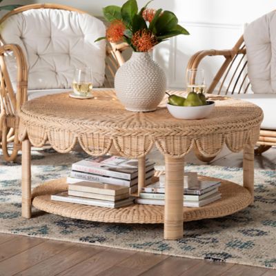bali & pari Latoya Natural Rattan Coffee Table with Scalloped Apron and Lower Shelf, Brown