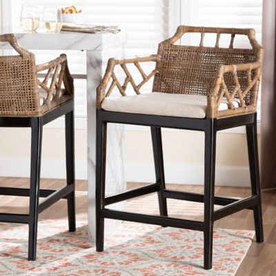 bali & pari Abiel Natural Rattan Counter Stool with Removable Cushion and Mahogany Wood Frame