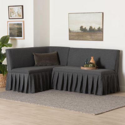 Baxton Studio Bryna 2-Piece Fabric Upholstered Dining Nook Bench Set - Corner Kitchen Banquette Seating with Skirted Base,Dark Grey, Brown