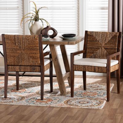 bali & pari Cordoba 2-Piece Handwoven Seagrass and Solid Mahogany Wood Frame Dining Chair Set, Dark Brown