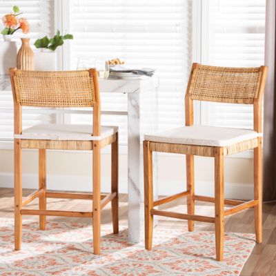 bali & pari Chatura Natural Rattan and Mahogany Wood 2-Piece Counter Stool Set
