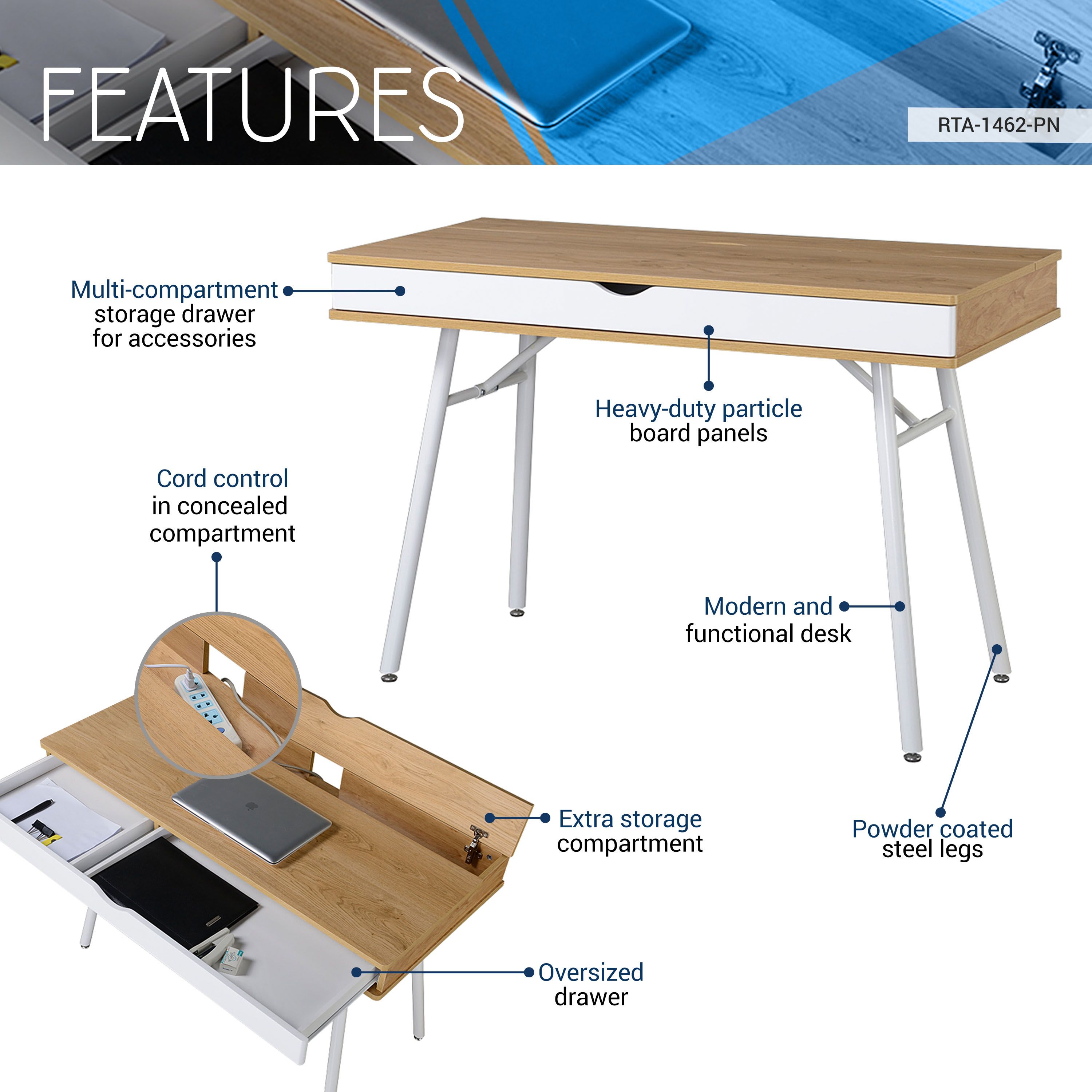 Techni Mobili Modern Multi Storage Computer Desk with Storage, Pine