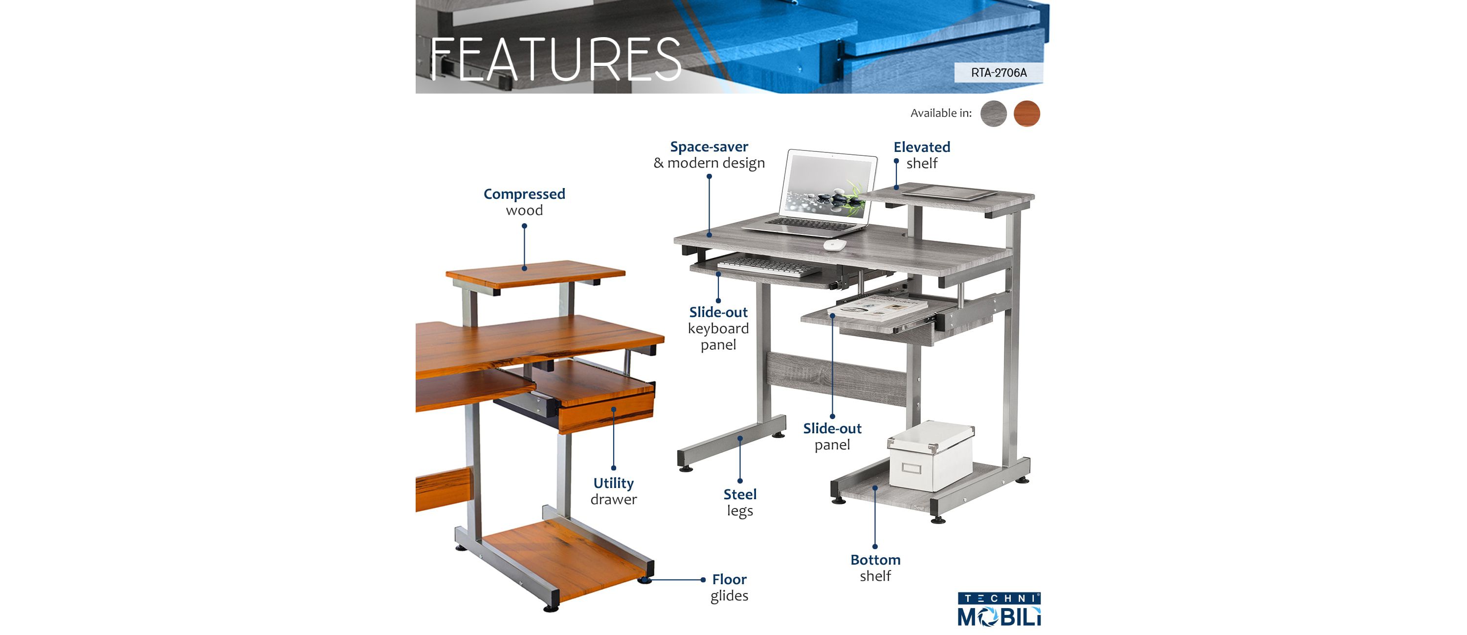Techni Mobili Complete Computer Workstation Desk, Grey