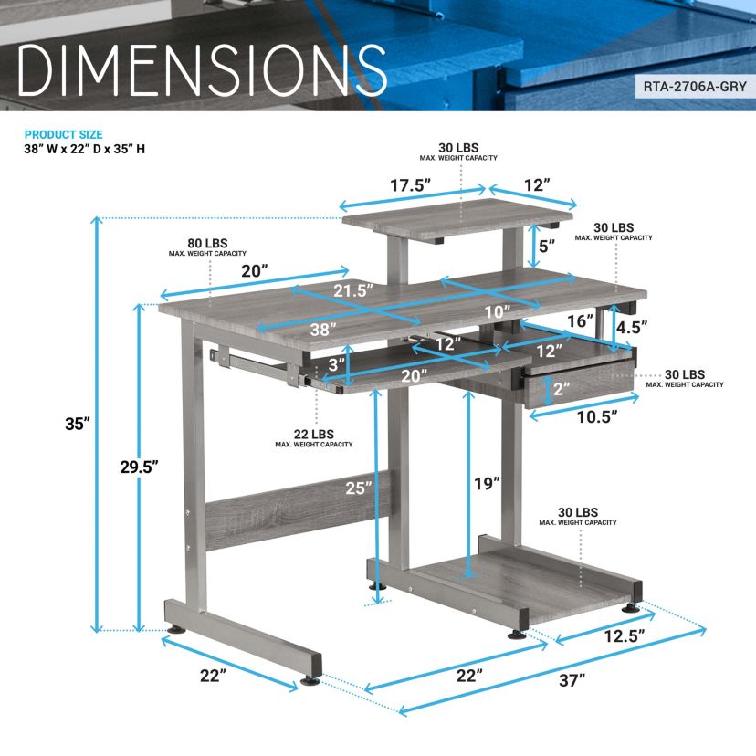 Techni Mobili Complete Computer Workstation Desk, Grey