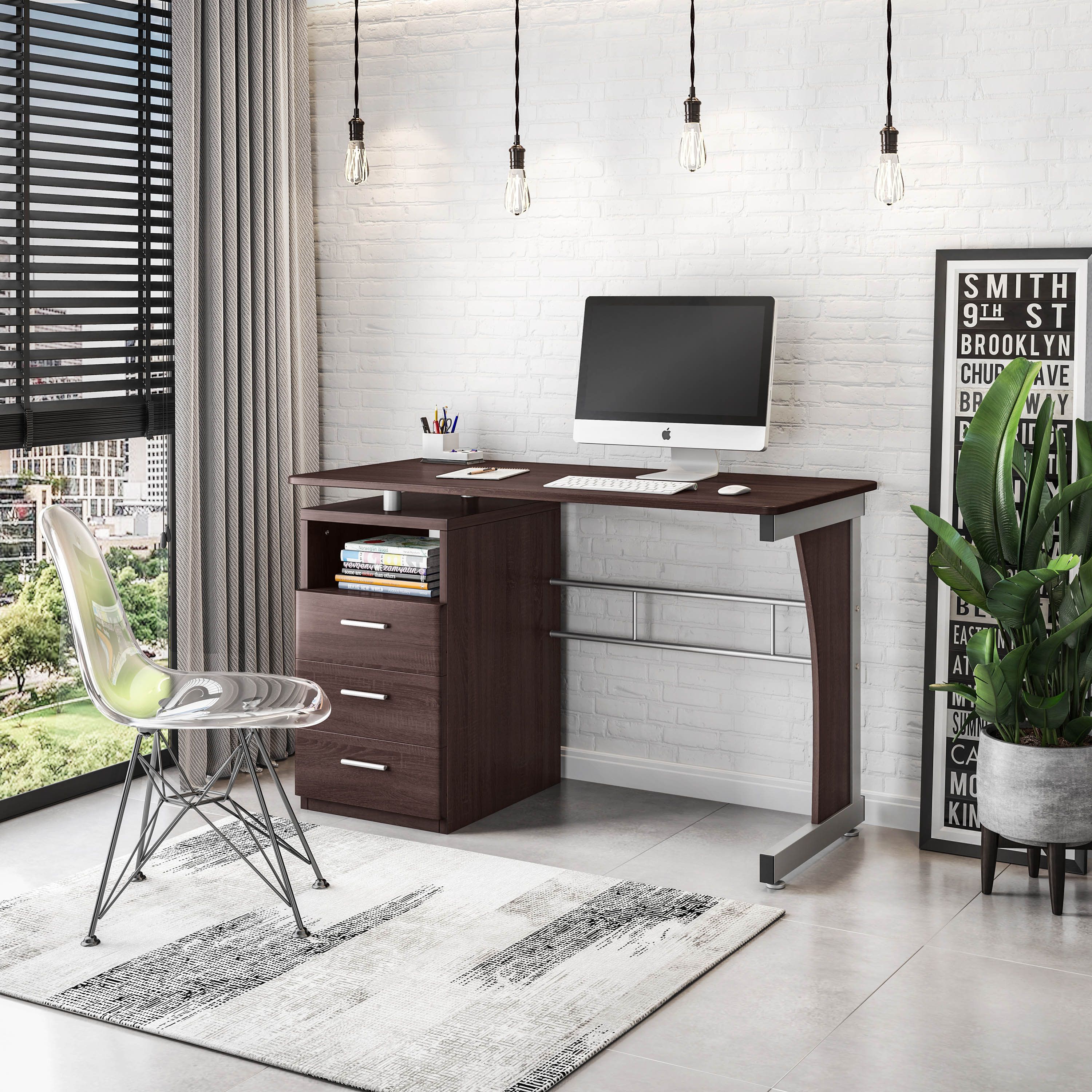 Techni Mobili Computer Desk with Ample Storage, Chocolate