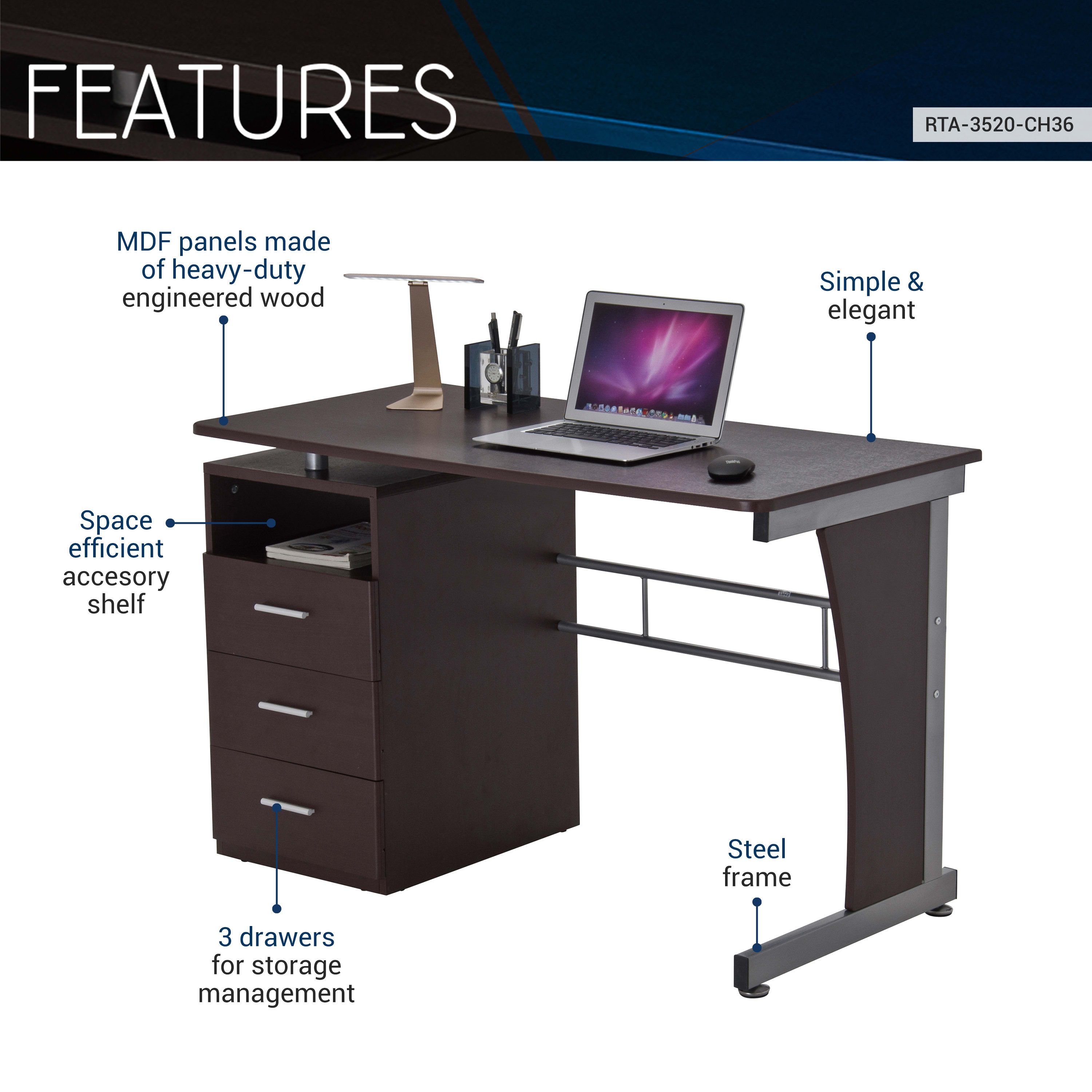 Techni Mobili Computer Desk with Ample Storage, Chocolate