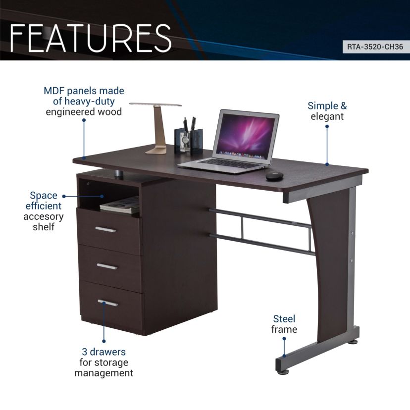 Techni Mobili Computer Desk with Ample Storage, Chocolate