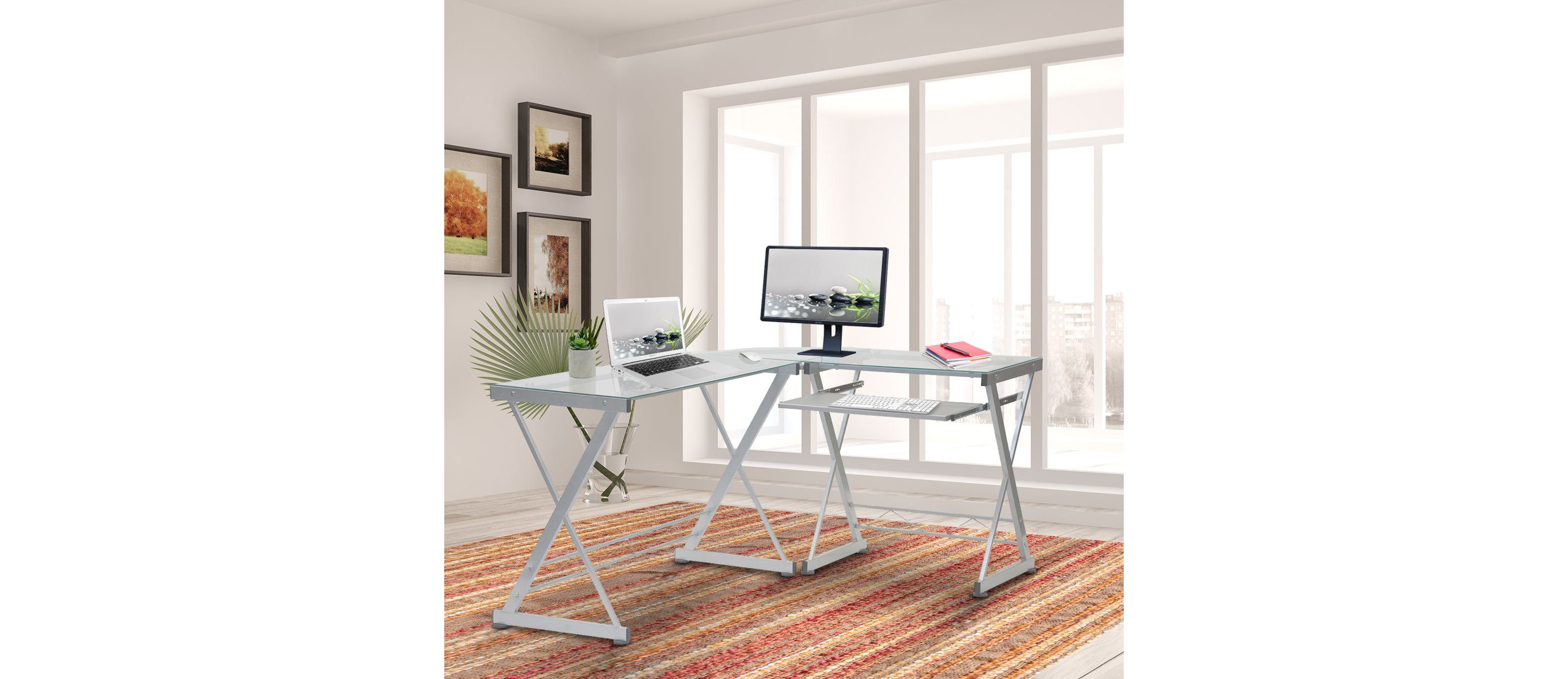 Techni Mobili L-Shaped Tempered Glass Top Computer Desk with Pull Out Keyboard Panel, Clear