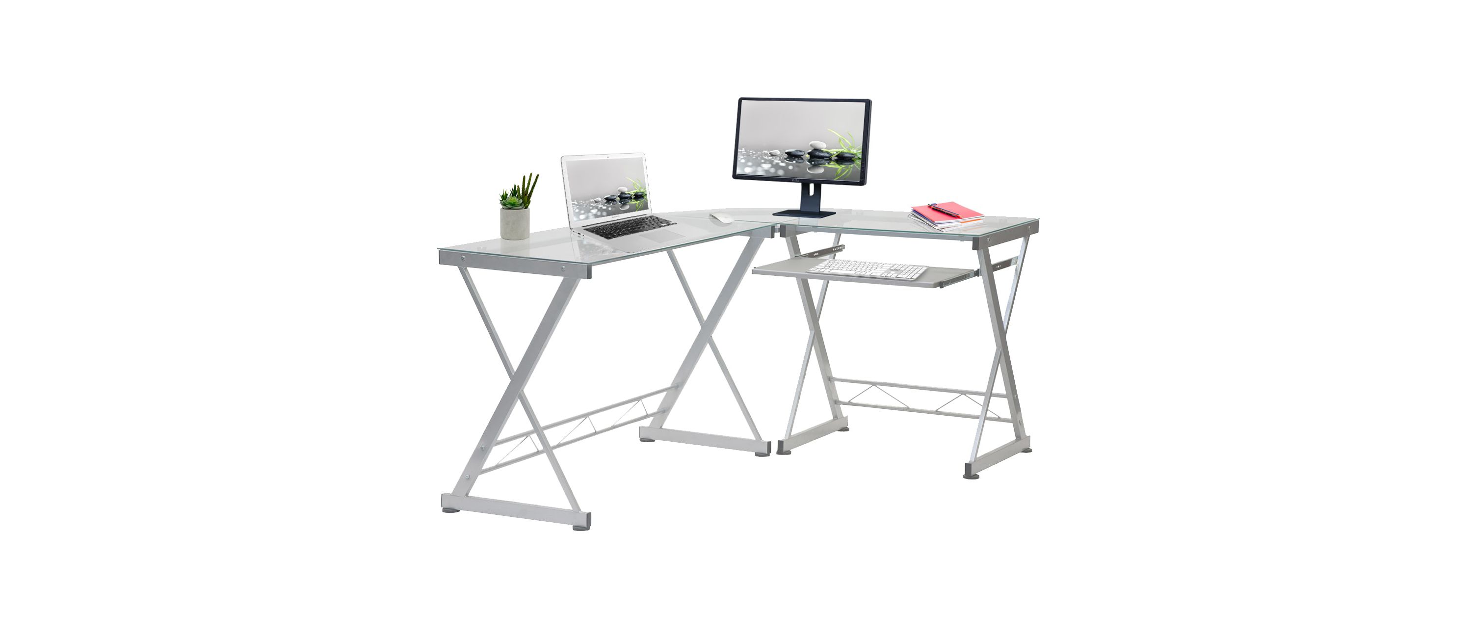 Techni Mobili L-Shaped Tempered Glass Top Computer Desk with Pull Out Keyboard Panel, Clear