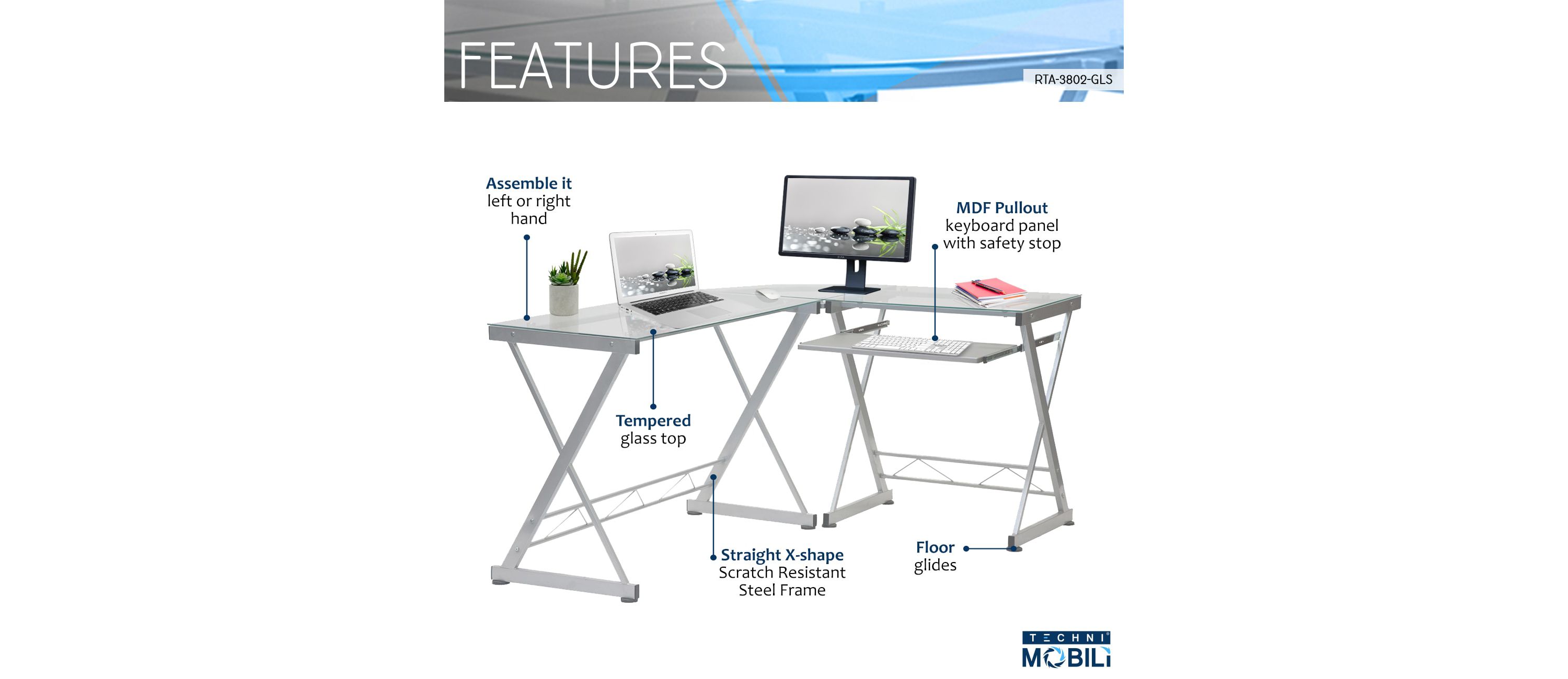 Techni Mobili L-Shaped Tempered Glass Top Computer Desk with Pull Out Keyboard Panel, Clear