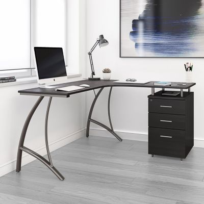 Techni Mobili Modern L- Shaped Computer Desk with File Cabinet and Storage, Espresso