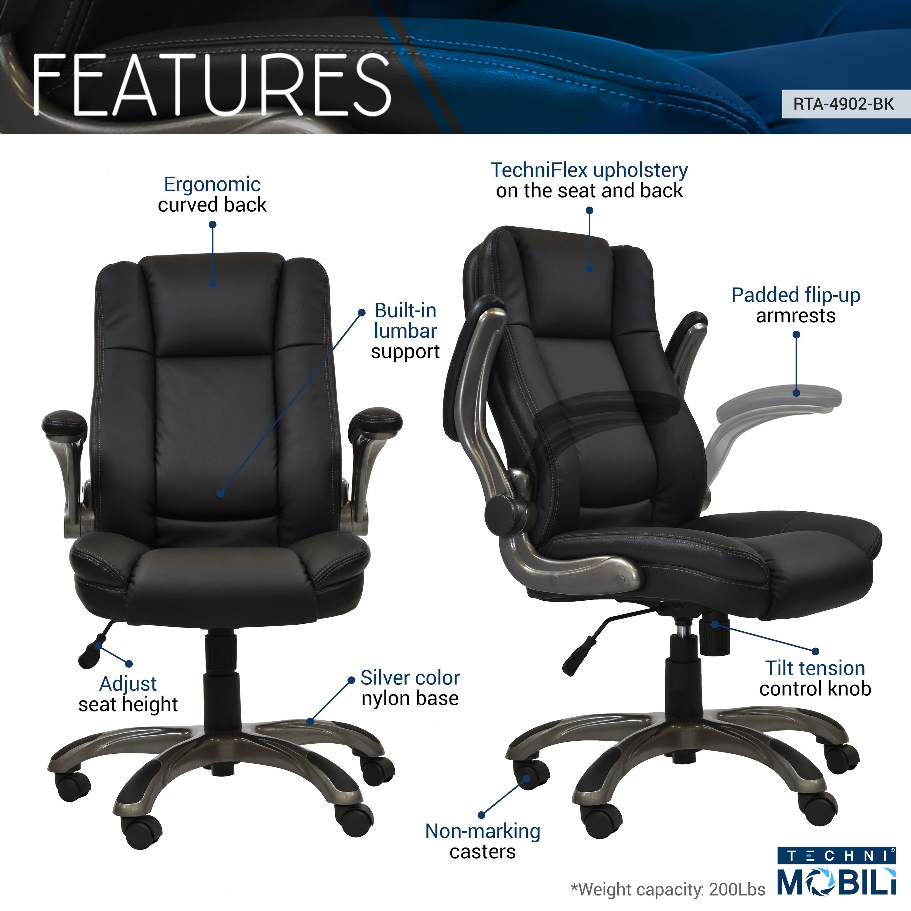 Techni Mobili Medium Back Executive Office Chair with Flip-up Arms, Black