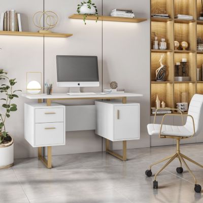 Techni Mobili White and Gold Desk for Office with Drawers & Storage, 51.25â W