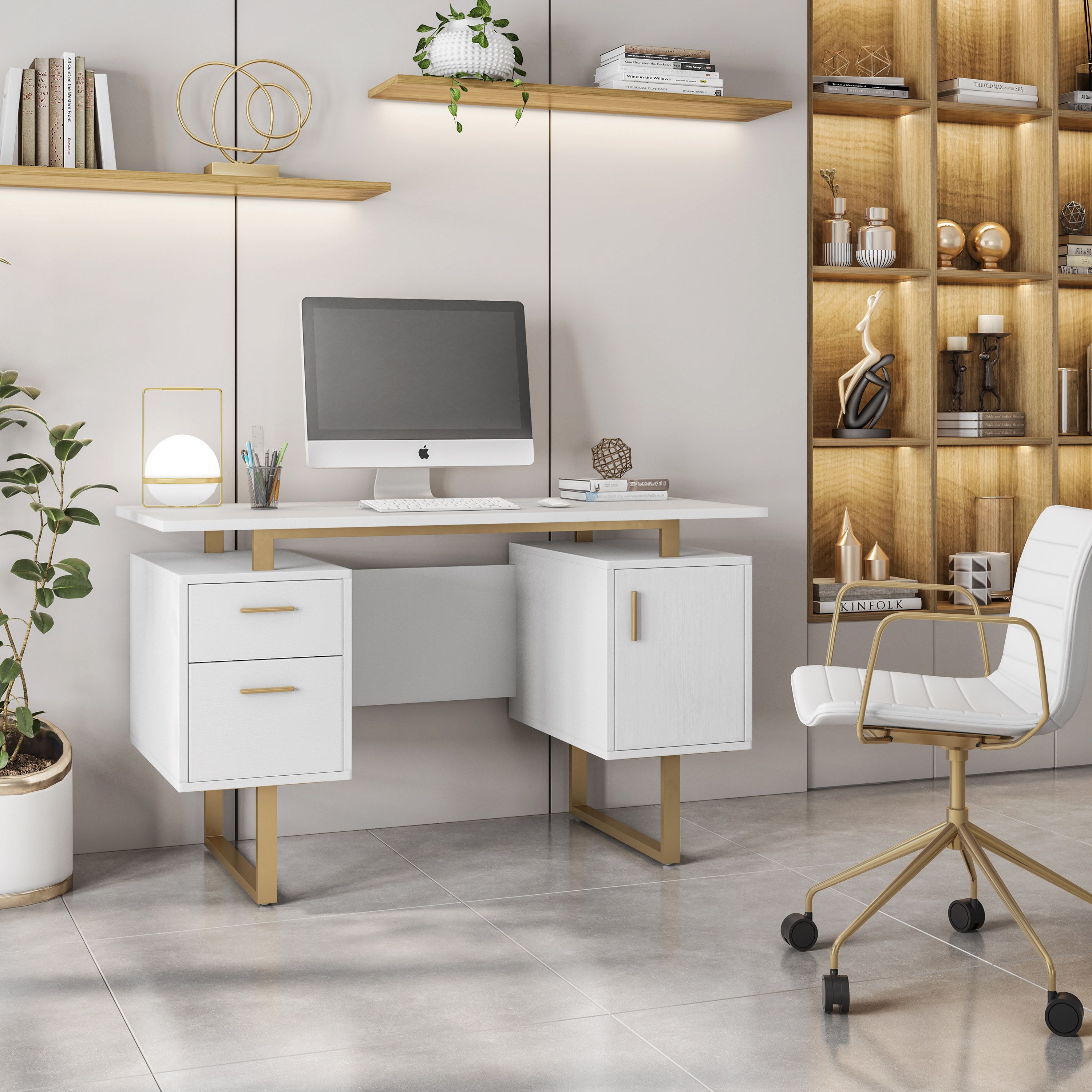Techni Mobili White and Gold Desk for Office with Drawers & Storage, 51.25” W